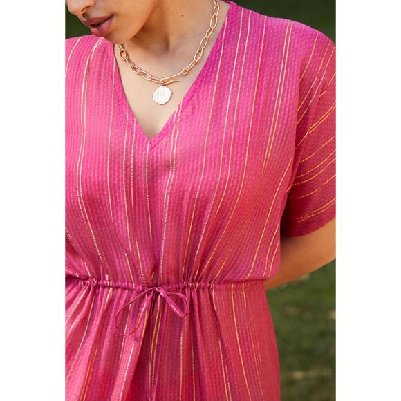 Anthropologie pink OS V-Neck Shine Kaftan Midi Dress - Picture 2 of 9